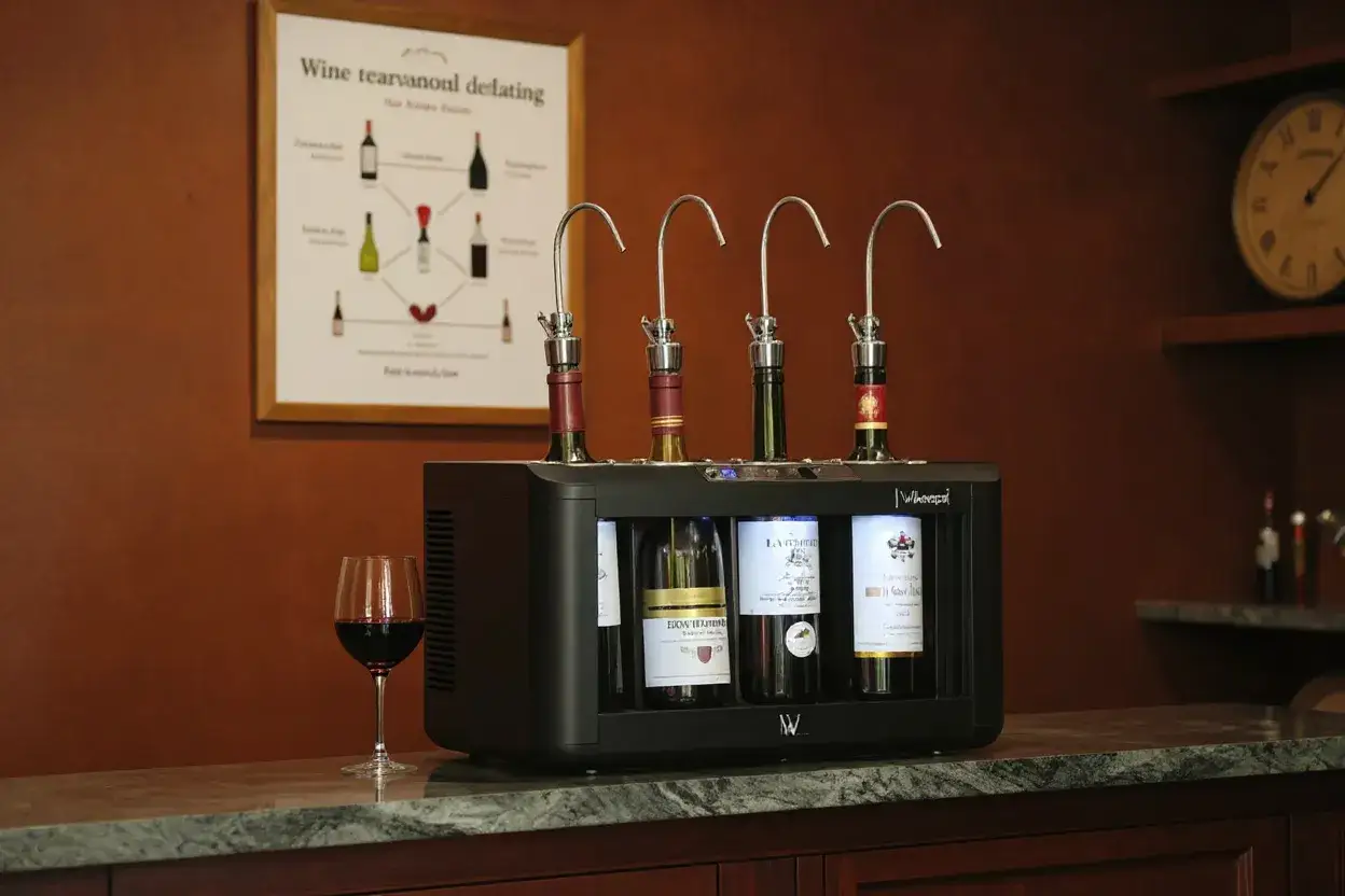 Système de conservation de vin avec quatre bouteilles ouvertes, prêt à servir. Un verre de vin rouge est à gauche. Le tableau temps de garde des vins est accroché au mur.