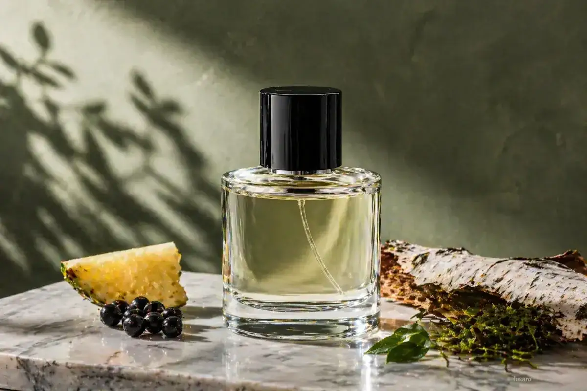Elegancka butelka perfum Aventus z czarną nakrętką, obok kawałka ananasa, jeżyn i kory brzozy.