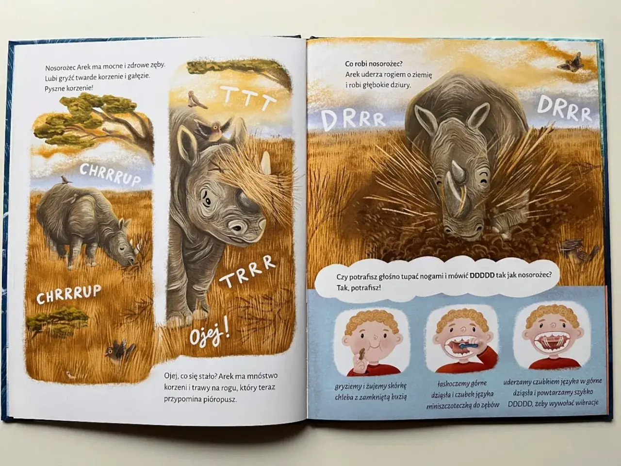 Ilustracje z książki do nauki mowy pokazują nosorożca Arka jedzącego korzenie i drążącego ziemię. Dzieci ćwiczą dźwięki.