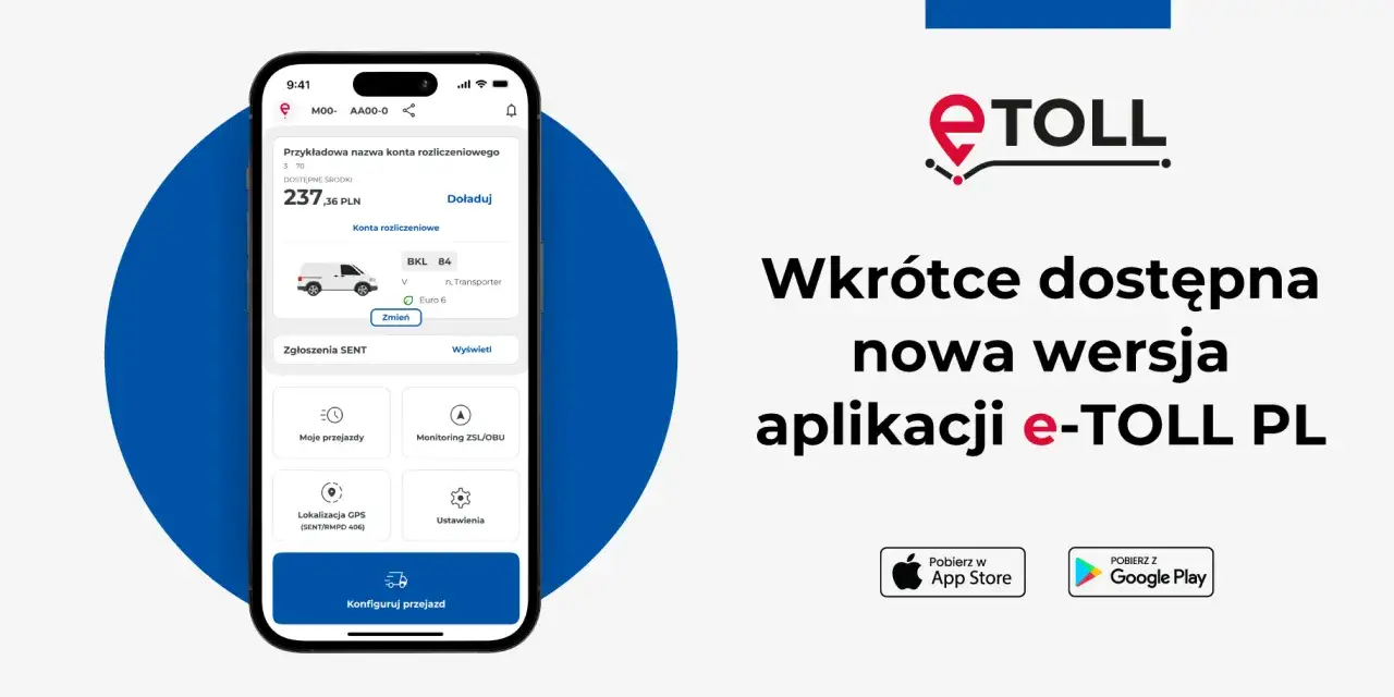 Aplikacja e-TOLL PL z informacją o dostępnych środkach i nowej wersji.