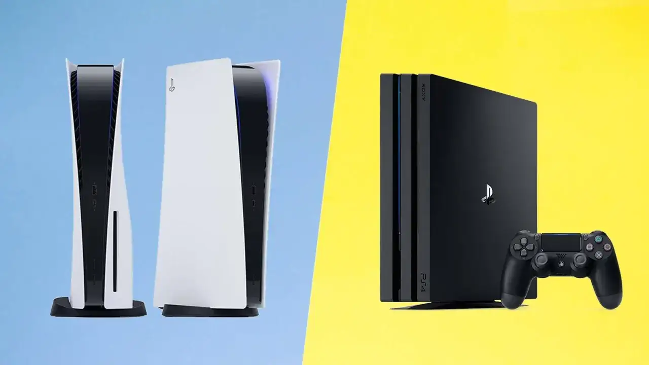Dwie konsole PlayStation: biała PS5 i czarna PS4 Pro z kontrolerem. Czekamy na GTA 6 na PS4!