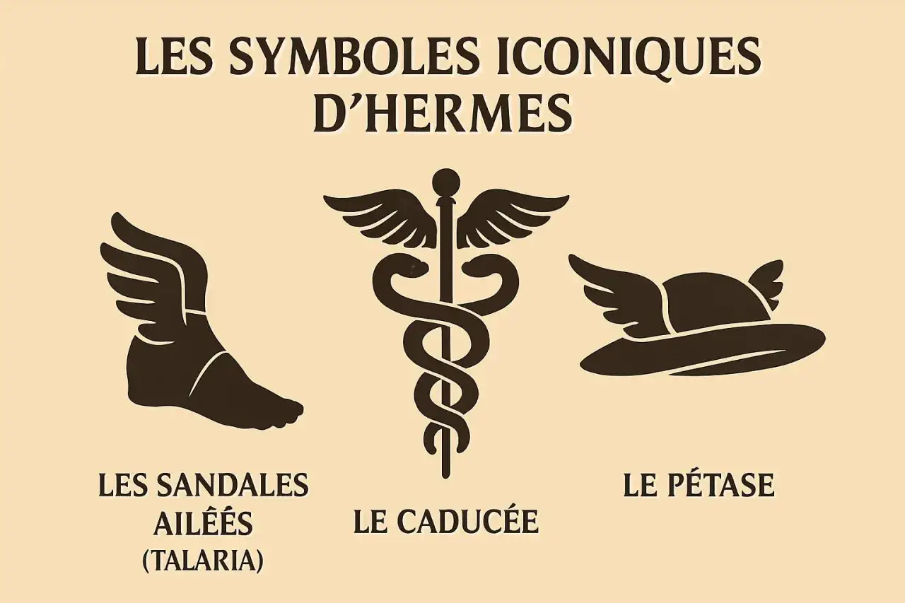Les symboles iconiques d'Herm&egrave;s : sandales ail&eacute;es, caduc&eacute;e et p&eacute;tase. Le dieu messager voyage vite gr&acirc;ce &agrave; ces attributs.