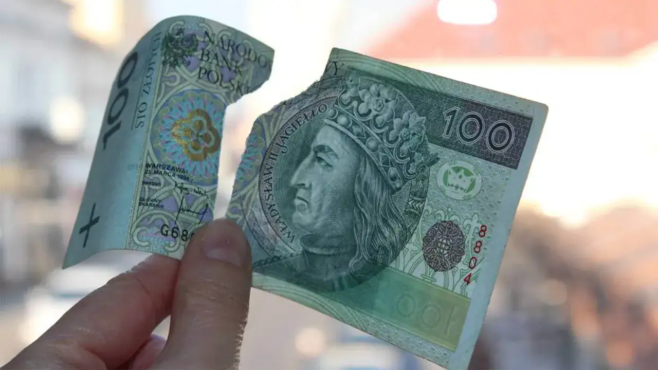 Dłoń trzyma rozerwany banknot 100 zł. Czy sklejone banknoty są ważne? Władysław Jagiełło patrzy z banknotu.