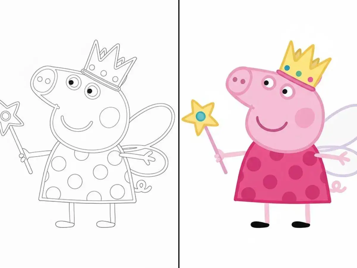 Świnka Peppa jako wróżka z koroną i różdżką. Obok wersja do pokolorowania, idealna do zabawy w świnka peppa kolorowanka.