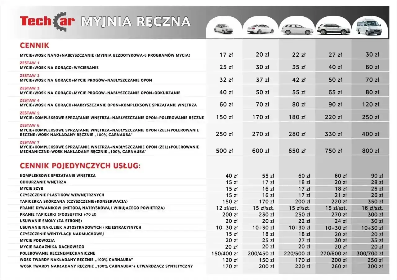 Cennik usług myjni ręcznej Techcar. Sprawdź ceny pakietów i pojedynczych usług, np. mycie z woskiem.