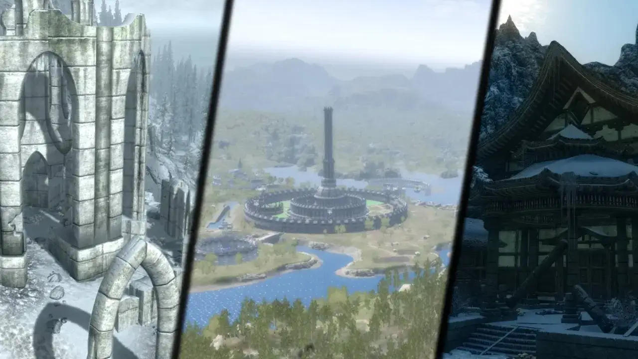 Trzy sceny z gry Skyrim: ruiny, miasto z wieżą i świątynia. To najlepsze mody do Skyrim, które odmienią Twoją grę.