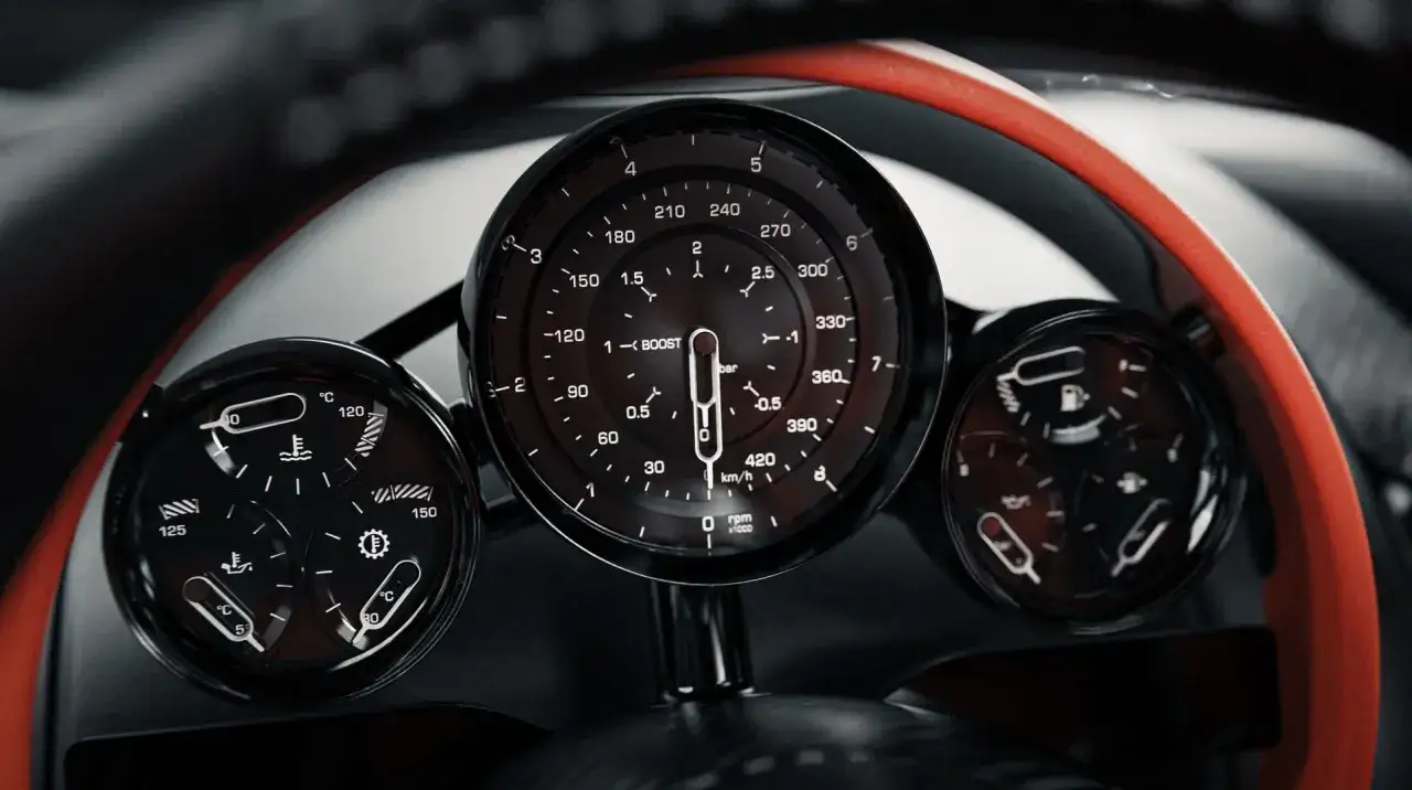 Instrumentpanelen i en Koenigsegg CC850 visar hastighet, varvtal, boost, temperatur och bränsle.