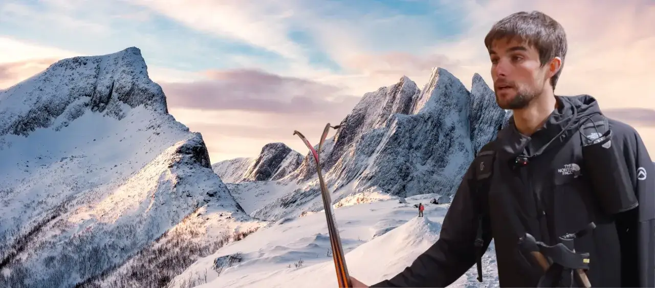 Benjamin V&eacute;drines, skieur, se tient dans un paysage montagneux enneig&eacute;, pr&ecirc;t pour l'aventure.