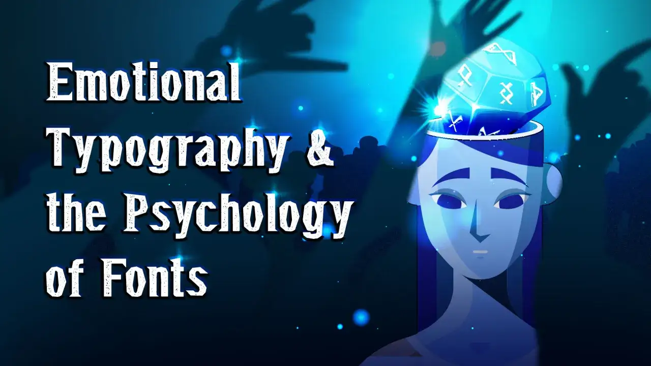 Emotional Typography & the Psychology of Fonts. A blue head opens to reveal a glowing, rune-covered die, symbolizing the mind's connection to font psychology.