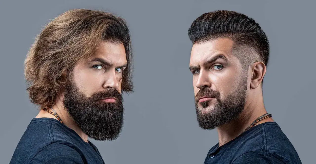 Dos hombres se miran, uno con barba larga y pelo suelto, el otro con barba corta y peinado moderno. &iquest;Barba o afeitado?
