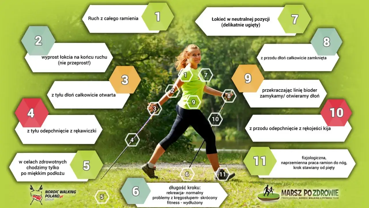 Instrukcja jak chodzić z kijkami: szczeg&oacute;łowy opis techniki nordic walking z numerowanymi wskaz&oacute;wkami dotyczącymi ruchu ramion, dłoni i krok&oacute;w.