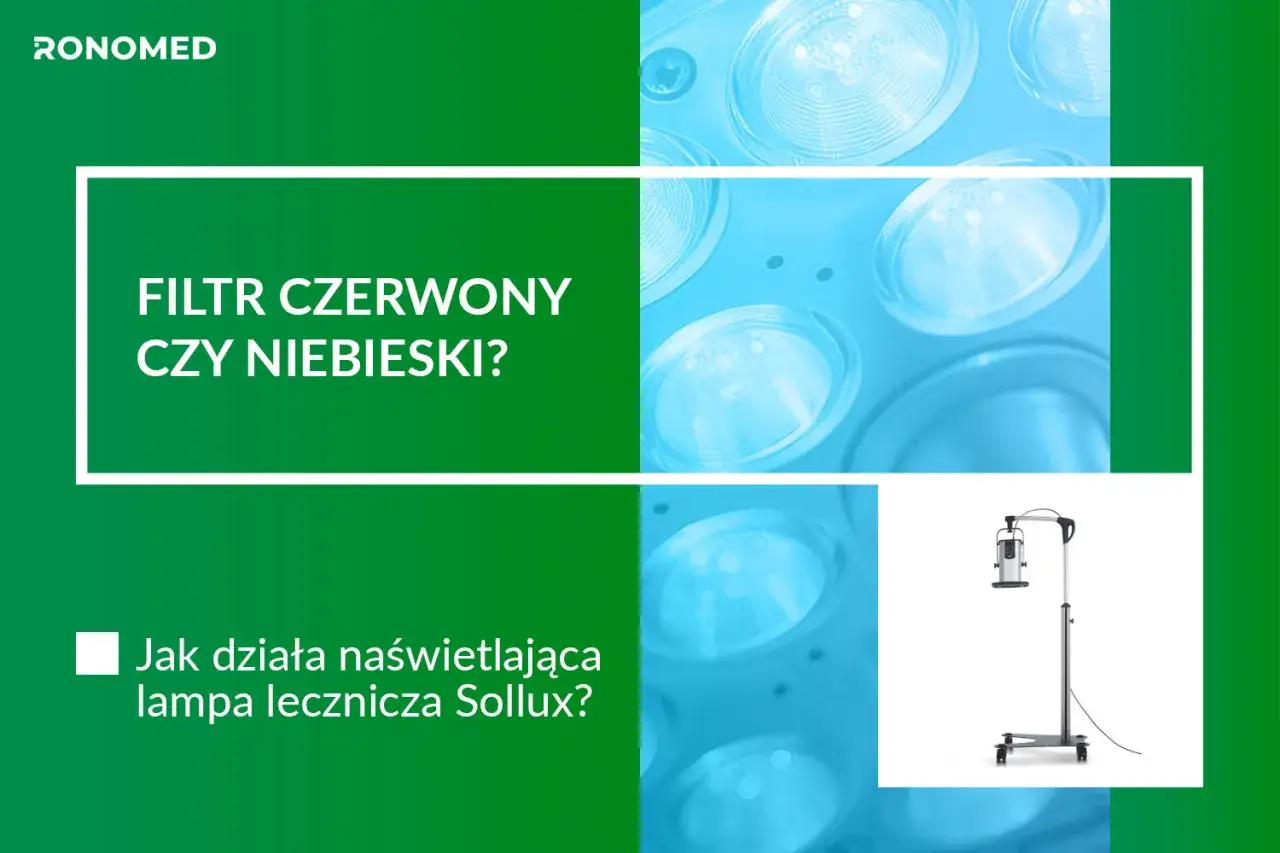 Lampa Sollux z niebieskim filtrem, wskazania do jej użycia. Obok zdjęcie lampy.