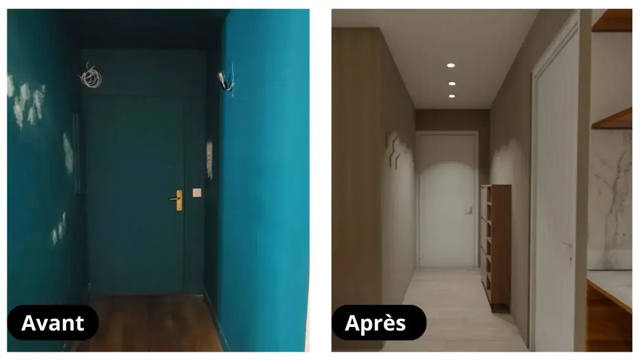 Avant/Apr&egrave;s : un couloir &eacute;troit et sombre transform&eacute; en espace lumineux et moderne avec des rangements int&eacute;gr&eacute;s.