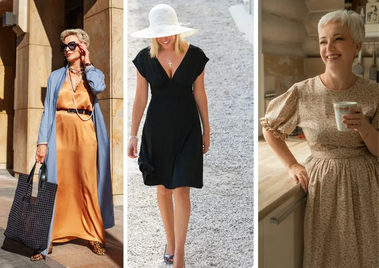 Eleganckie sukienki dla 50-latki: długa satynowa, czarna midi i kwiecista maxi. R&oacute;żne długości sukienek dla 50-latki.