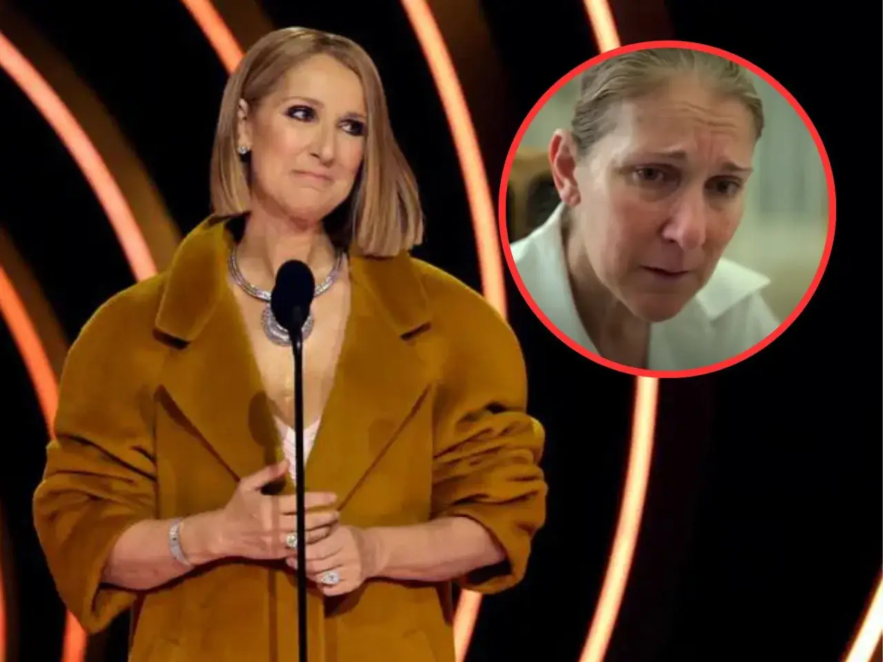 Celine Dion na scenie w złotej marynarce i w kółku zbliżenie na jej twarz, budząc pytania: co się dzieje z Celine Dion?