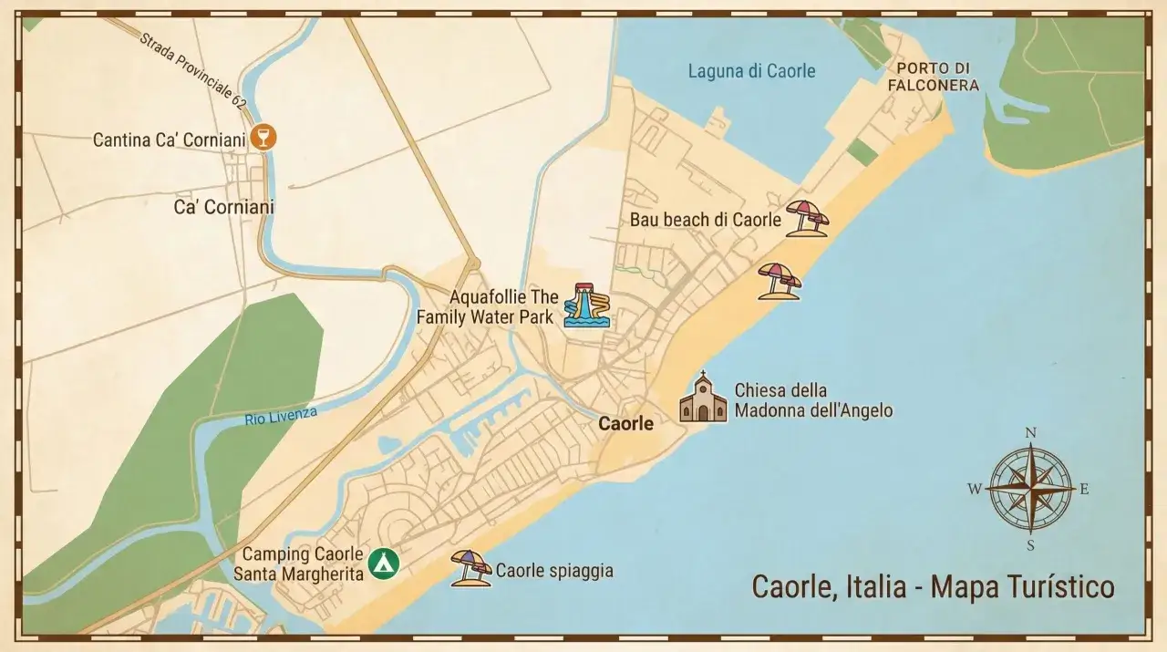 Cartina turistica di Caorle, Veneto, con indicazioni per il mare, spiagge, parchi acquatici e luoghi d'interesse.