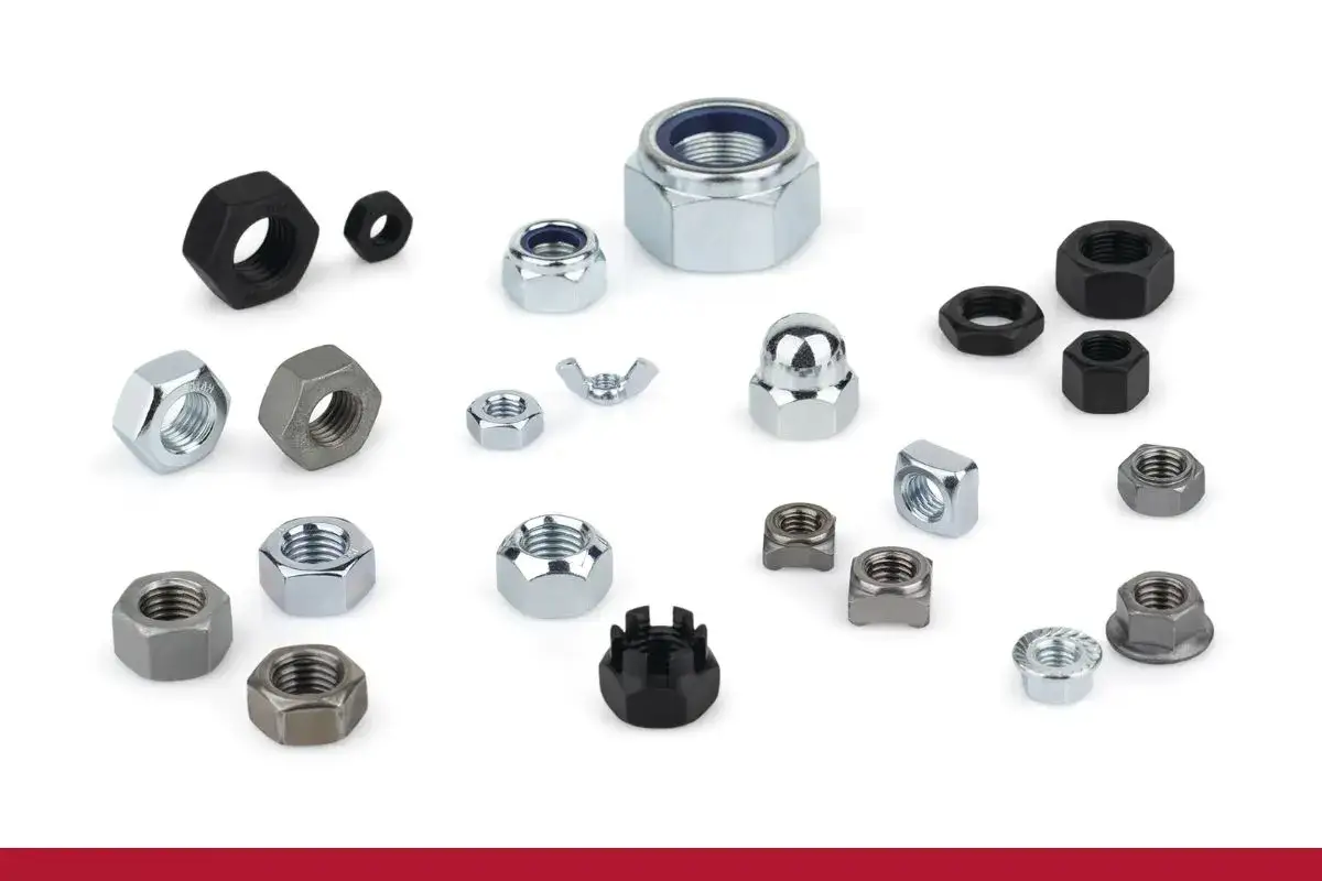 Variedad de tipos de tuercas: hexagonales, mariposa, ciegas y dentadas, en diferentes materiales y tama&ntilde;os.