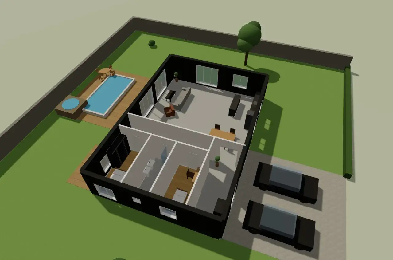 En 3D-vy av ett modernt hus med pool, två bilar på uppfarten och en grönskande trädgård.