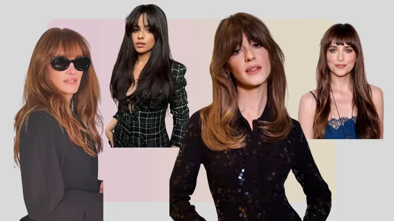Cuatro mujeres con flequillo birkin: Julia Roberts, Camila Cabello, y dos actrices más.