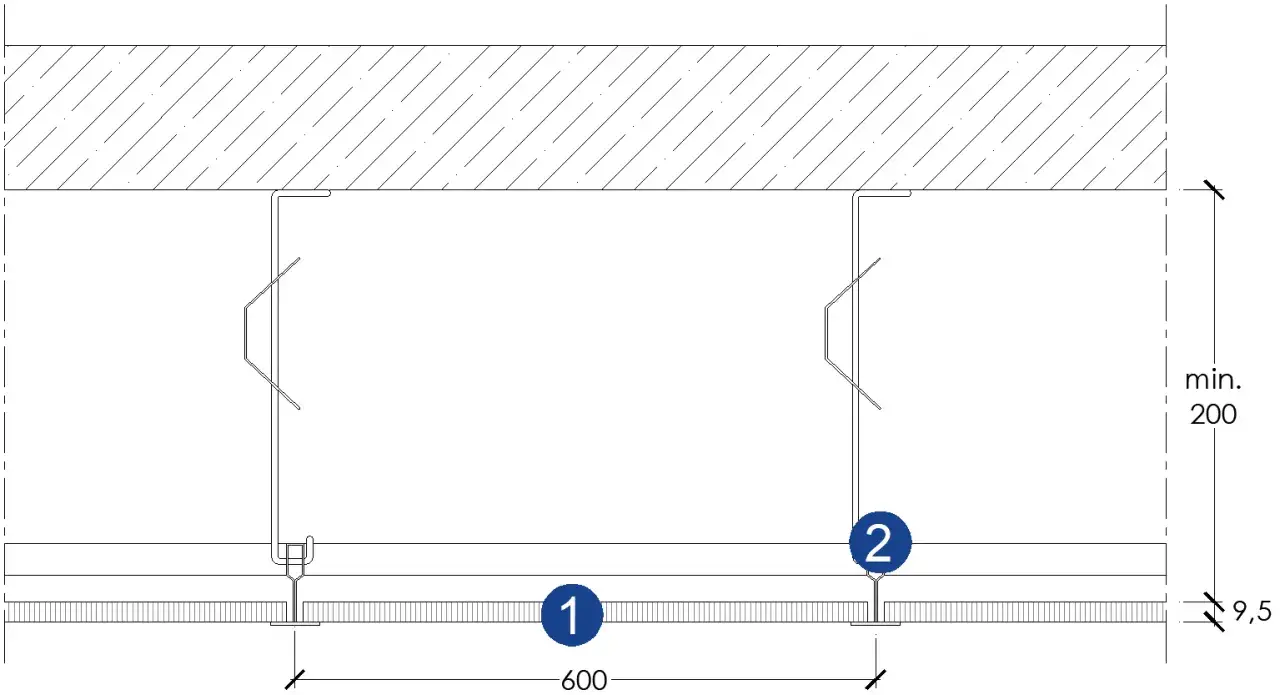 Schema distanza montanti controsoffitto cartongesso: dettaglio fissaggio e interassi 600mm. Min. 200mm di altezza.