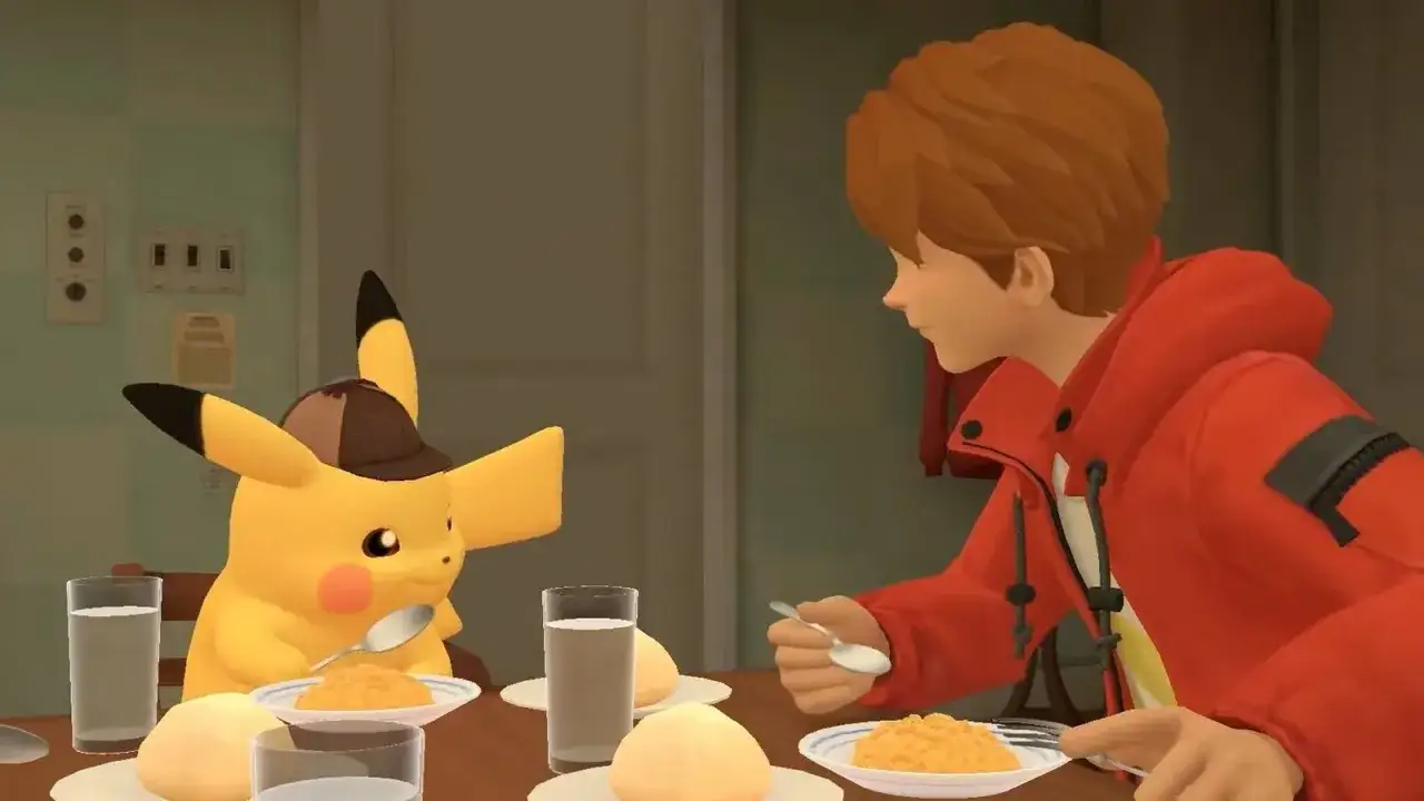Detektyw Pikachu w kapeluszu i jego ludzki towarzysz jedzą posiłek. Czy to początek nowej przygody w detektywistycznym świecie?