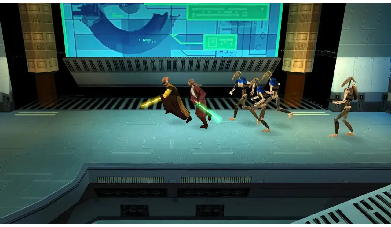 Dwóch Jedi z mieczami świetlnymi ucieka przed droidami bojowymi. Scena z gry Star Wars Jedi Power Battles.