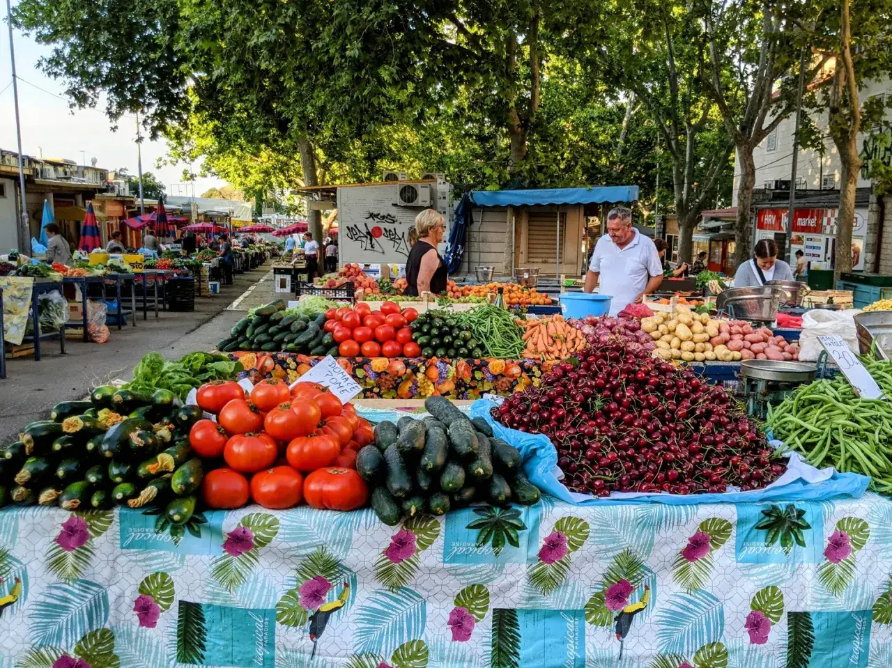 Targ w Chorwacji. Świeże warzywa i owoce, takie jak pomidory, cukinie, fasolka szparagowa, wiśnie i ziemniaki. Ceny jedzenia na chorwackich targach są przystępne.