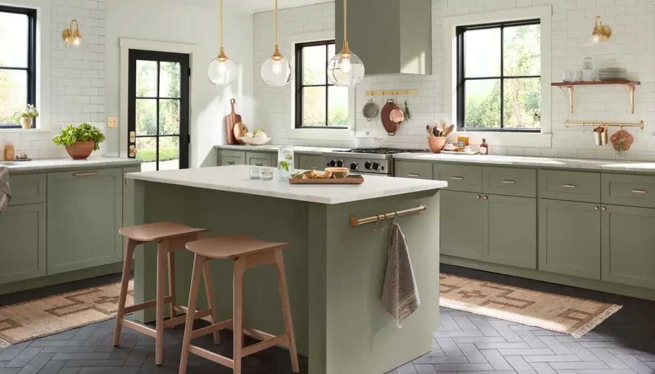 Two wooden kitchen island bar stool height seats are pulled up to a white marble-topped island in a sage green kitchen.