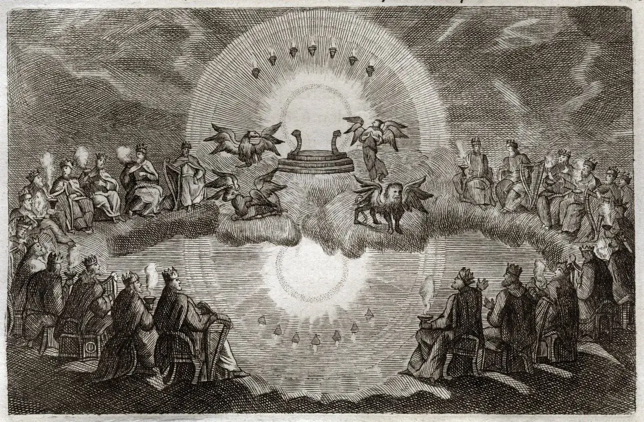Himmlische Vision: K&ouml;nige und gefl&uuml;gelte Wesen versammeln sich unter einem strahlenden Licht, wie in Psalm 19 beschrieben.