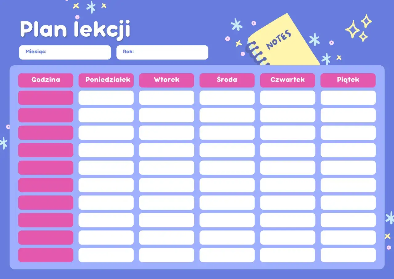Plan lekcji z miejscem na wpisanie miesiąca i roku. Kolorowy, z miejscem na notatki, idealny do organizacji zajęć, które odchodzą w 7 klasie.