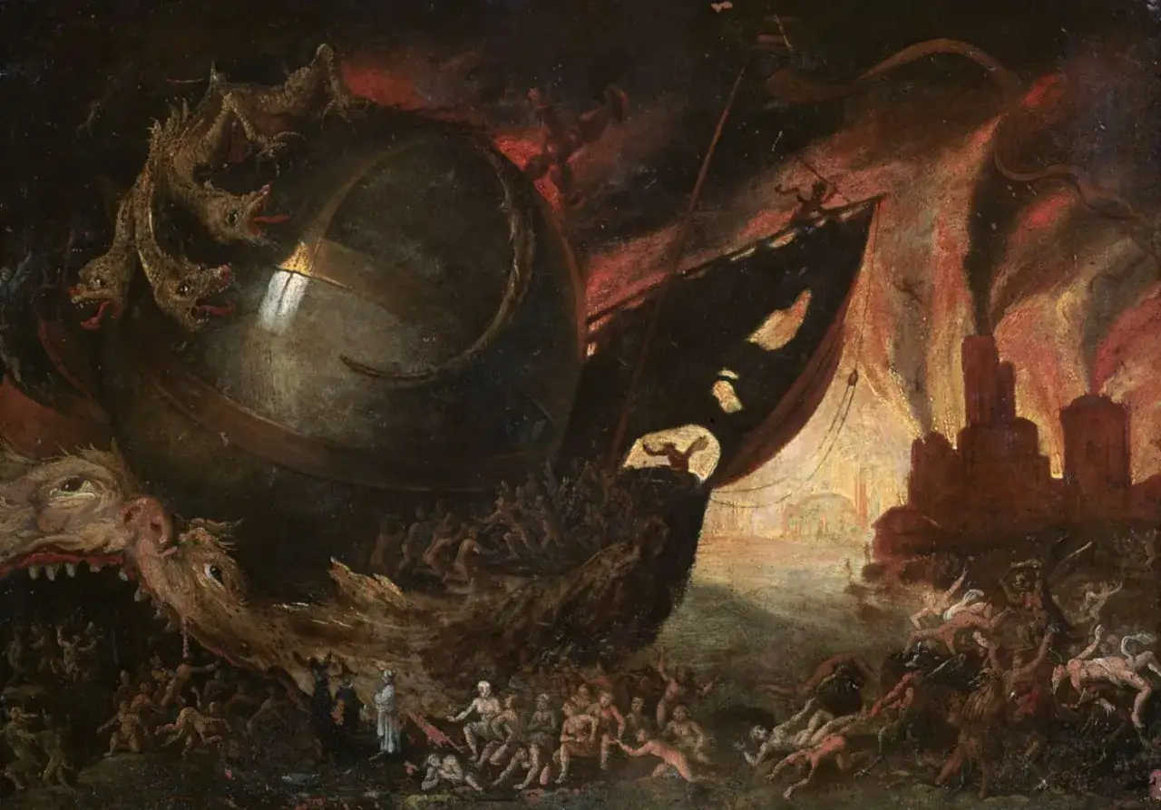 Dantes Reise durch die Unterwelt der griechischen Sage: Ein Schiff mit vielen K&ouml;pfen k&auml;mpft gegen ein Seeungeheuer, w&auml;hrend Seelen in Flammen untergehen.