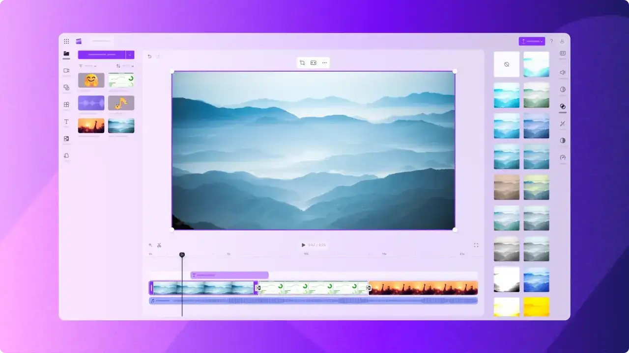 Interfejs edytora wideo **Microsoft Clipchamp** z widokiem na góry i opcjami edycji.