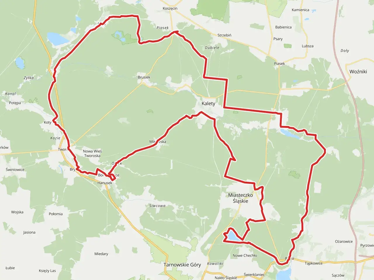 Trasa leśno rajza GPX okrążająca Kalety, Miasteczko Śląskie i Tarnowskie Góry, prowadząca przez liczne lasy i wsie.