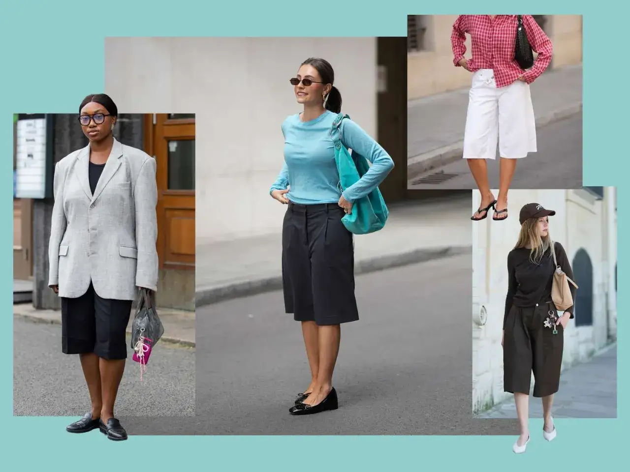 R&oacute;żne style culottes: elegancki z marynarką, sportowy z błękitną bluzką, casualowy w kratkę i z czapką.