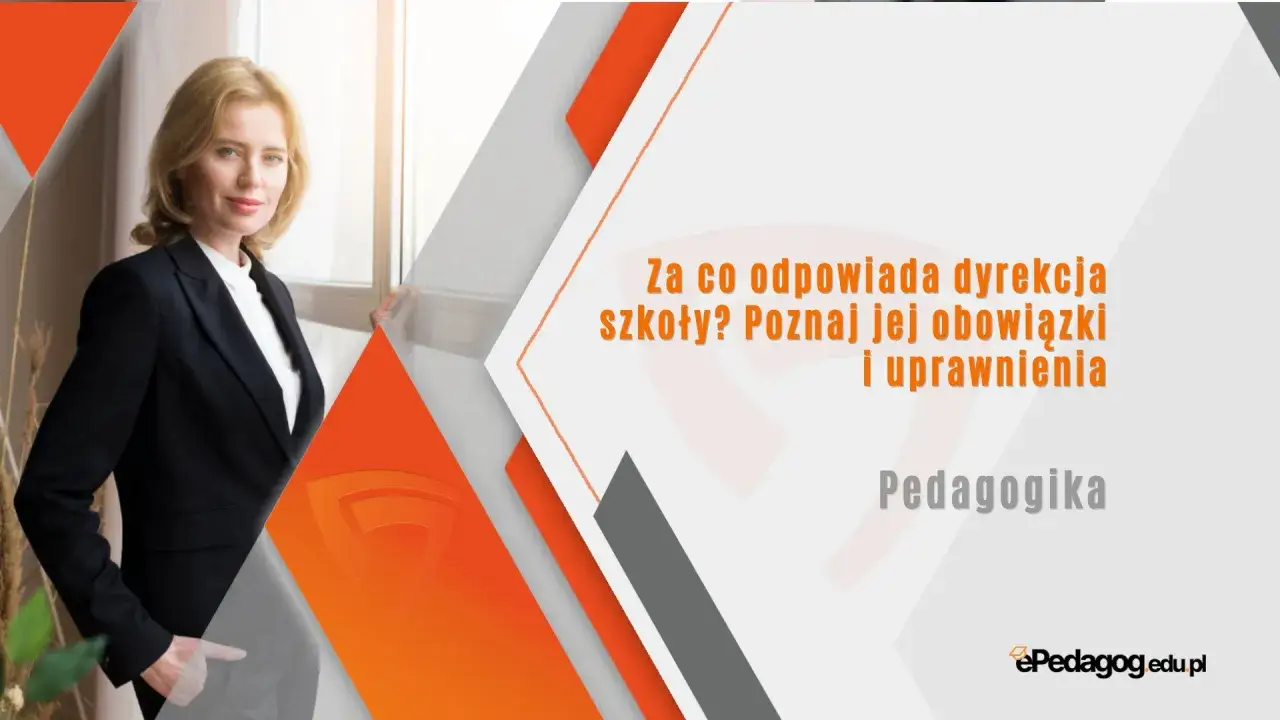 Elegancka kobieta w garniturze, dyrektor szkoły, pozuje do zdjęcia. Obok tekst: