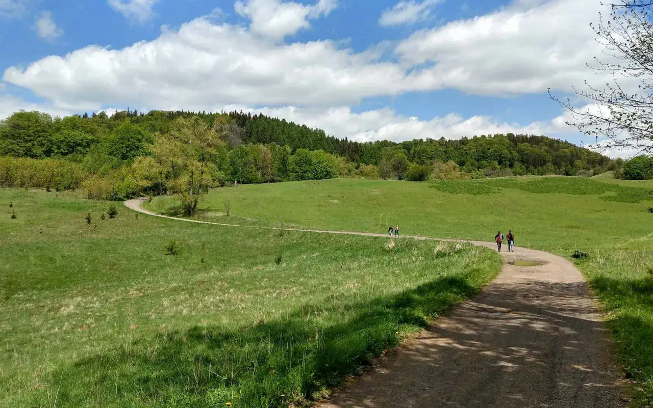 Wczesną wiosną na trasach w Sudetach, po roztopach, błoto i kałuże mogą być problemem. Ludzie spacerują po zielonych wzgórzach.