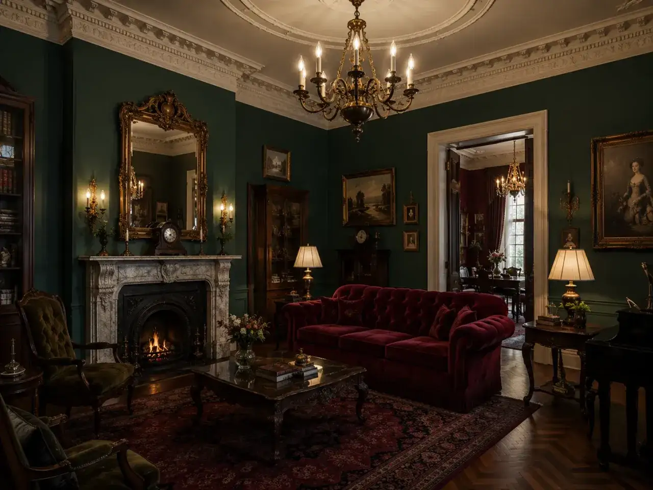 Luksusowy salon w stylu wiktoriańskim. Ciemnozielone ściany, aksamitna kanapa, kominek i bogate zdobienia tworzą atmosferę minionej epoki.