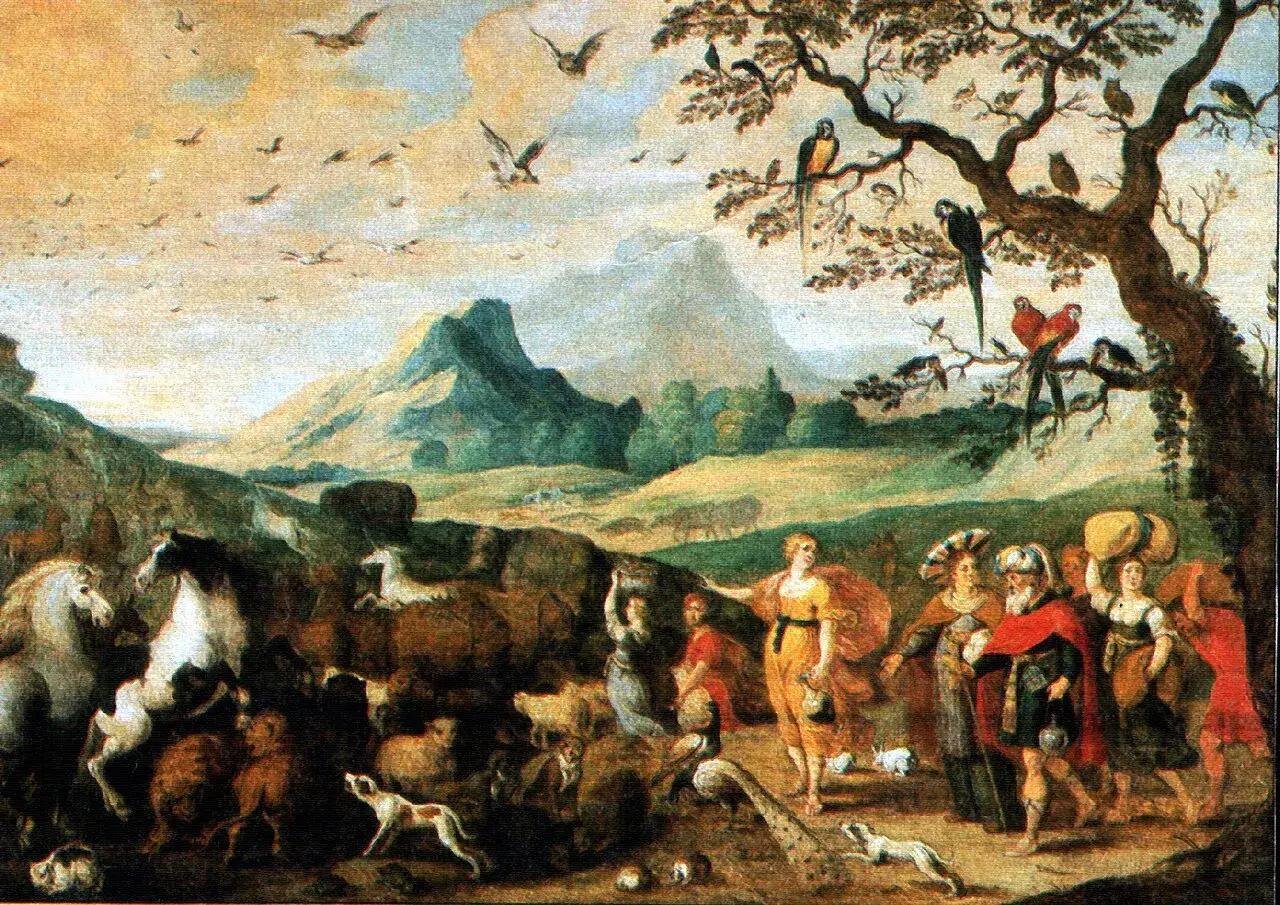 Menschen und Tiere versammeln sich in einer &uuml;ppigen Landschaft, die an Genesis 9,27 erinnert. V&ouml;gel schw&auml;rmen am Himmel.