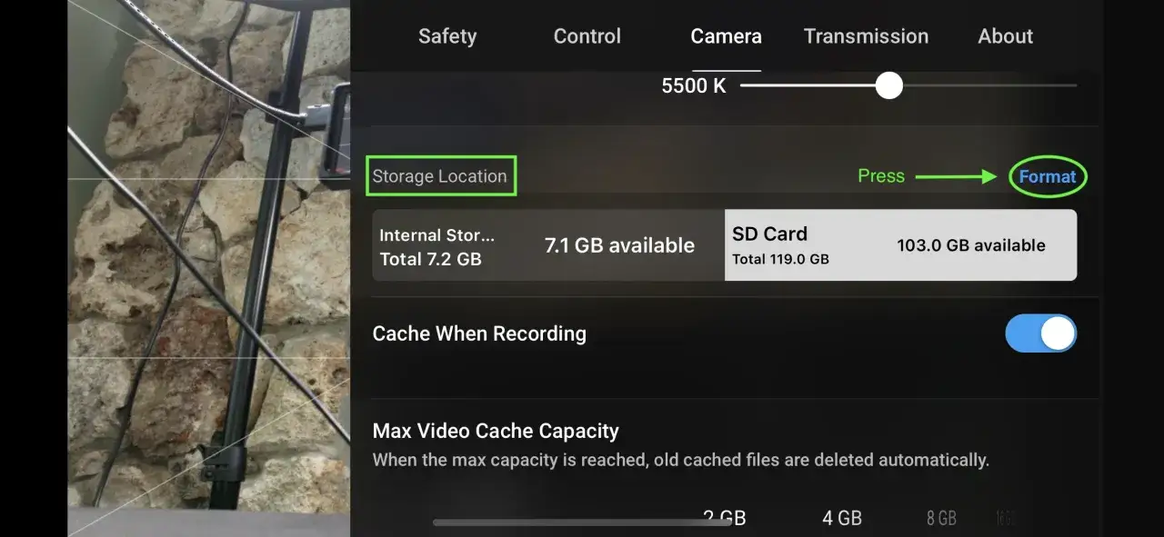 DJI App: SD-Karte formatieren. Speicherort wählen, um LRF-Dateien zu sichern. 103 GB frei.