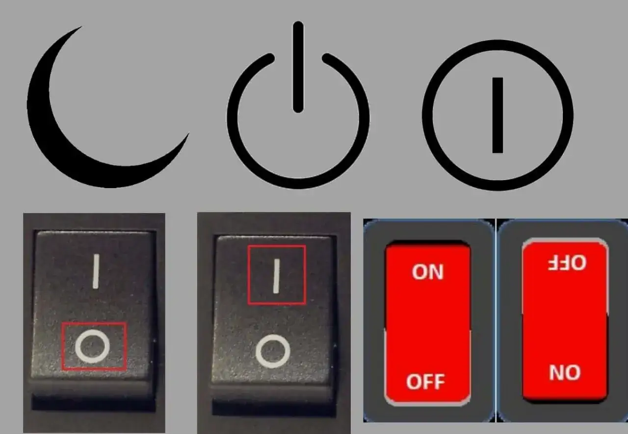 Symbole zasilania: półksiężyc, okrąg z kreską, okrąg. Przełączniki: 