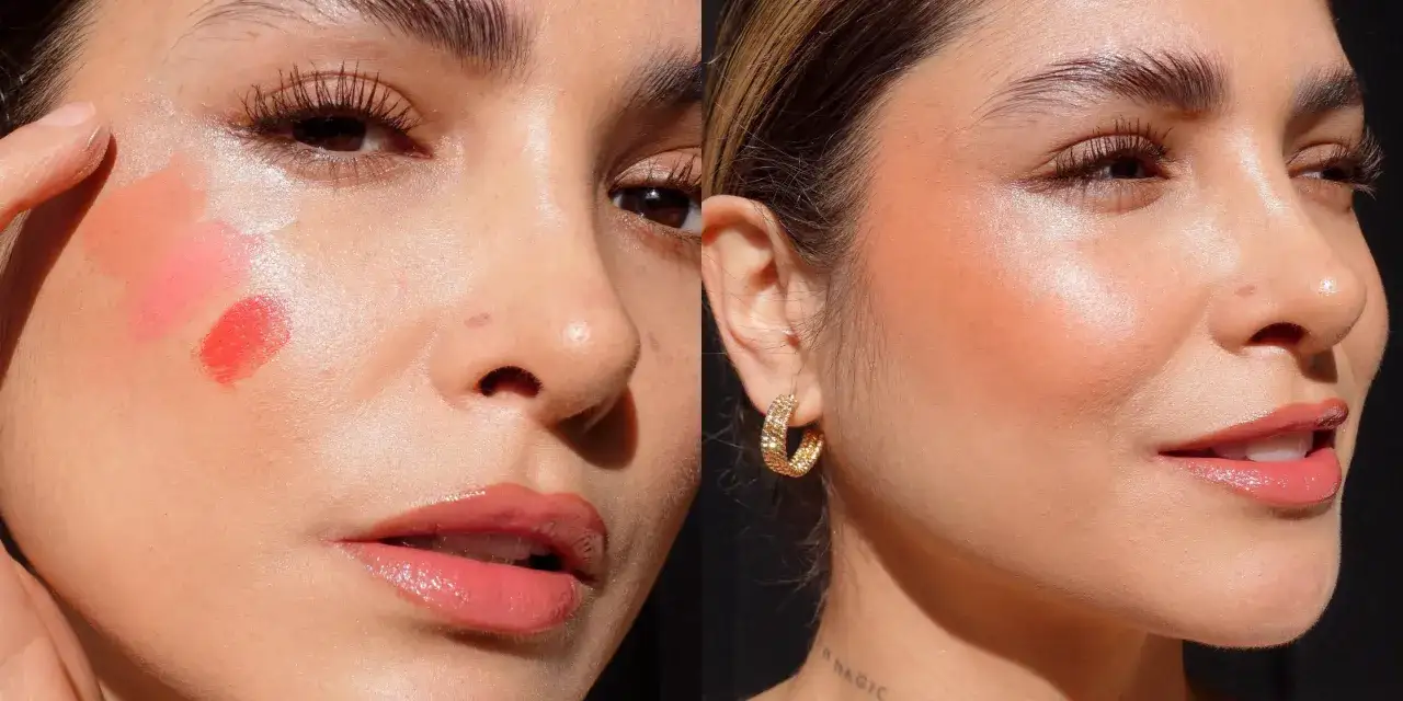 Swatch di blush o fard su pelle luminosa, con diverse tonalit&agrave; rosate e corallo.