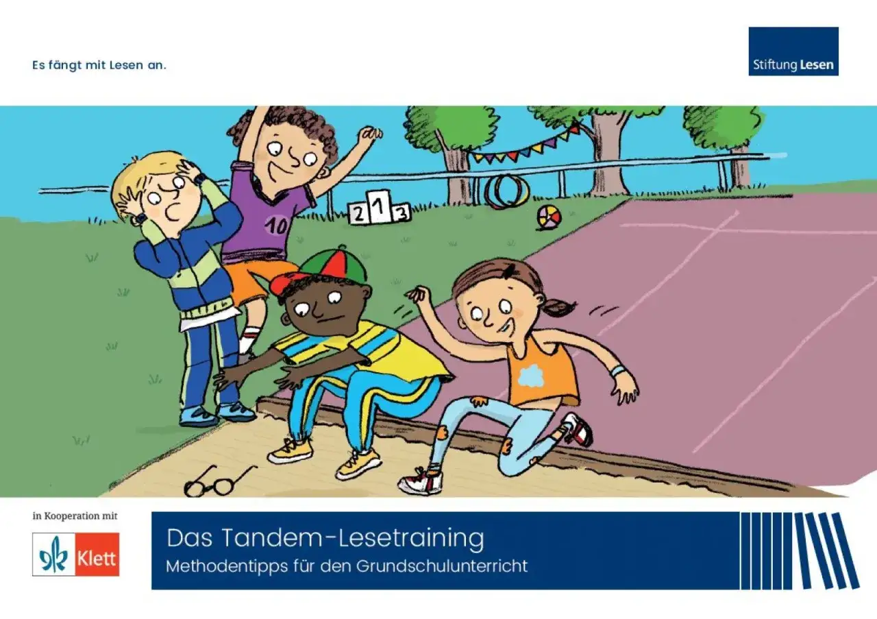 Kinder rennen auf einer Laufbahn. Kostenloses Lesetandem-Material f&uuml;r den Grundschulunterricht.
