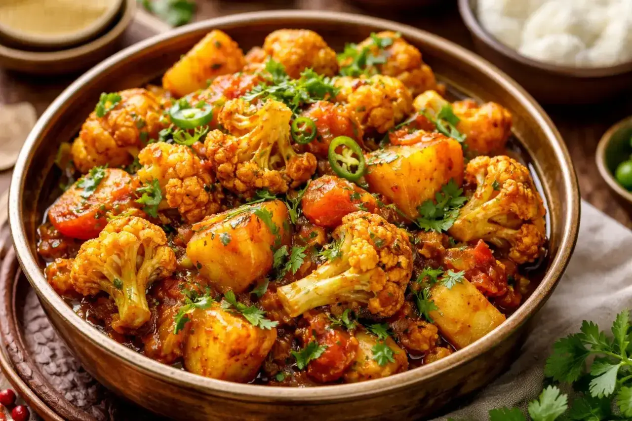 En mustig blomkåls- och potatisgryta, perfekt för ett smakrikt masala recept. Garnerad med färsk koriander och chili.