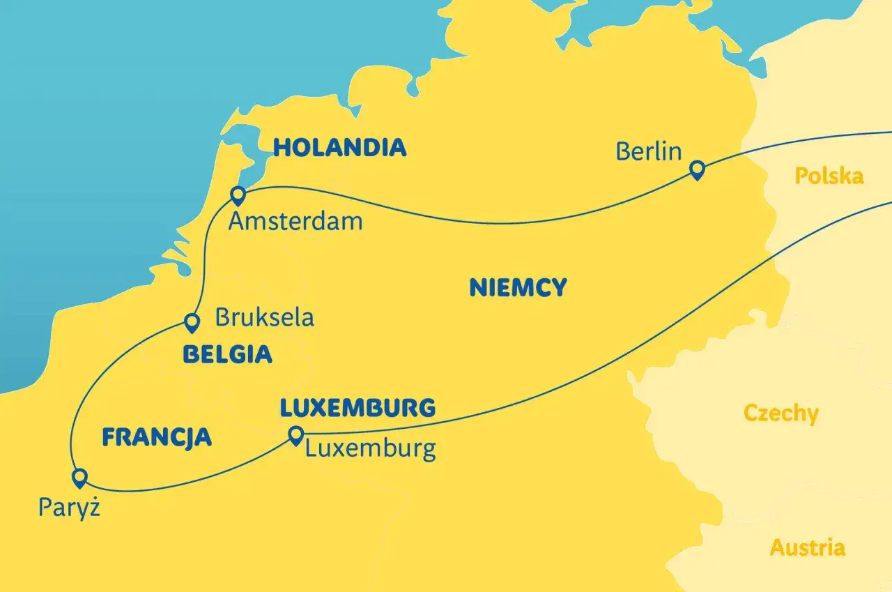 Mapa Europy z trasą wycieczki: Paryż, Bruksela, Amsterdam, Berlin, Luksemburg. Idealne na tanie wycieczki objazdowe!