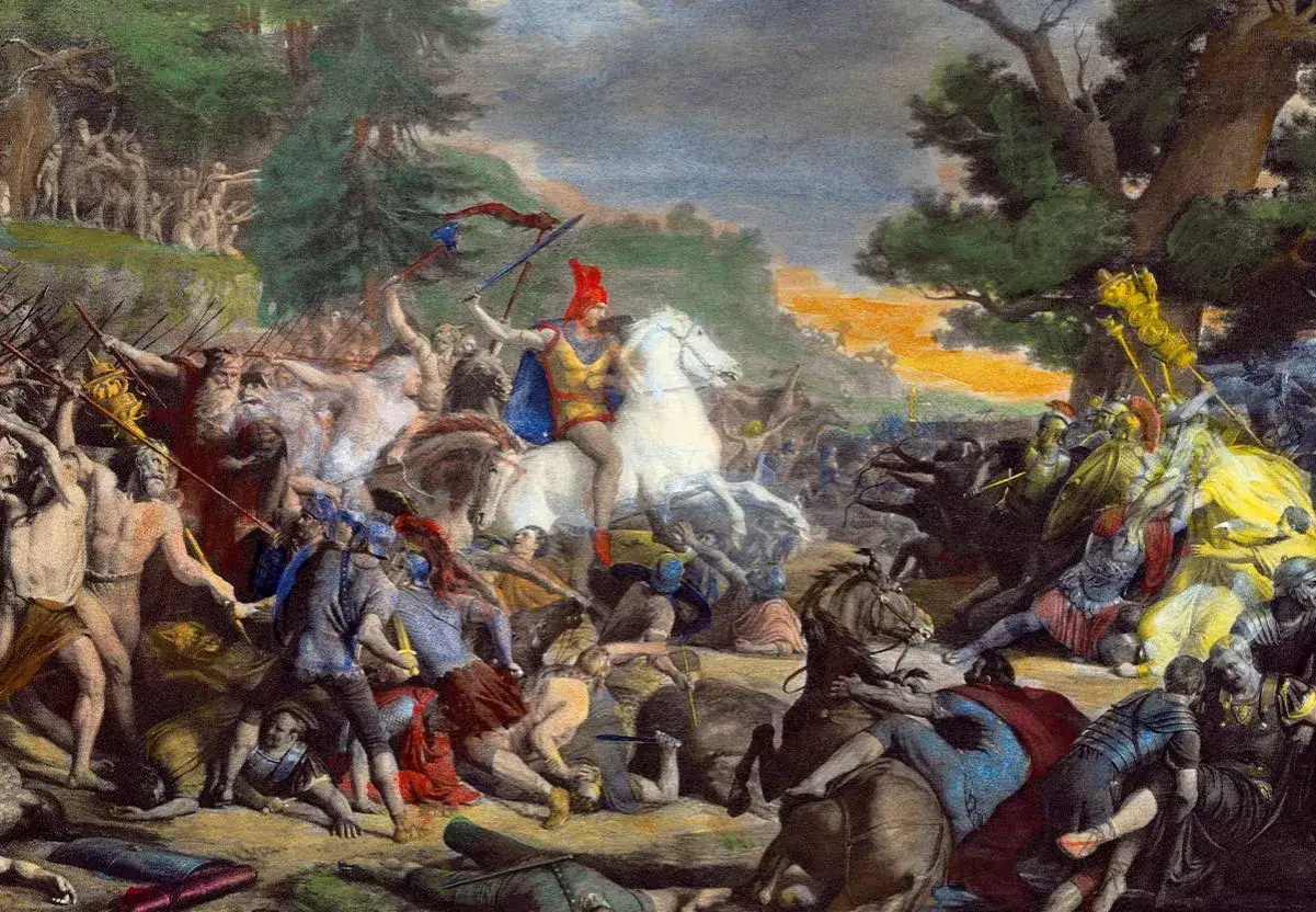 En kaotisk strid med ryttare och soldater i antika rustningar. En ledare p&aring; vit h&auml;st h&ouml;jer sitt sv&auml;rd, en symbol f&ouml;r krigets lagar.