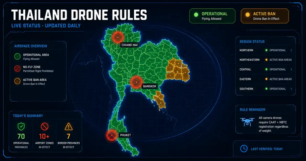 Karte von Thailand zeigt Drohnenregeln. Grüne Zonen sind erlaubt, orange Zonen haben ein Drohnenverbot.