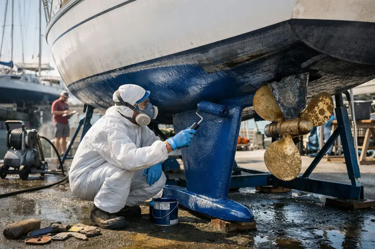 Un ouvrier en combinaison blanche et masque peint le carénage d'un bateau en bleu. L'hélice dorée est visible.