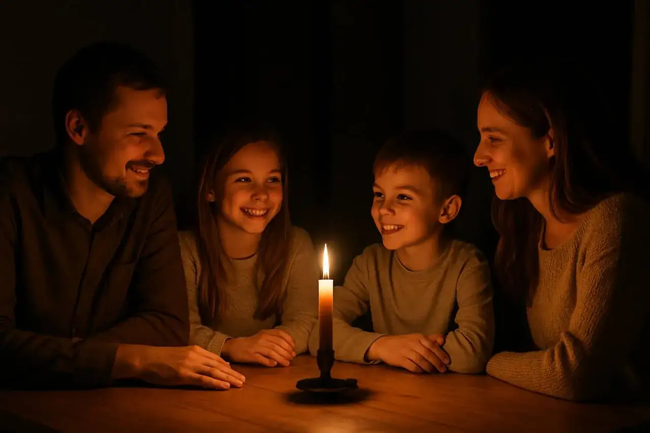 Rodzina przy świecy, śmieje się. Czy to blackout? Co to znaczy? Ciemność nie przeszkadza w radości.