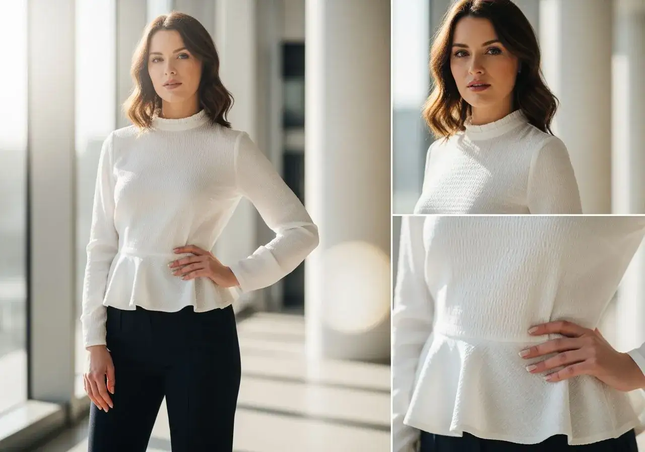 Elegancka biała bluzka z baskinką, która podkreśla talię. Czy baskinka jest modna? Ten model udowadnia, że tak!