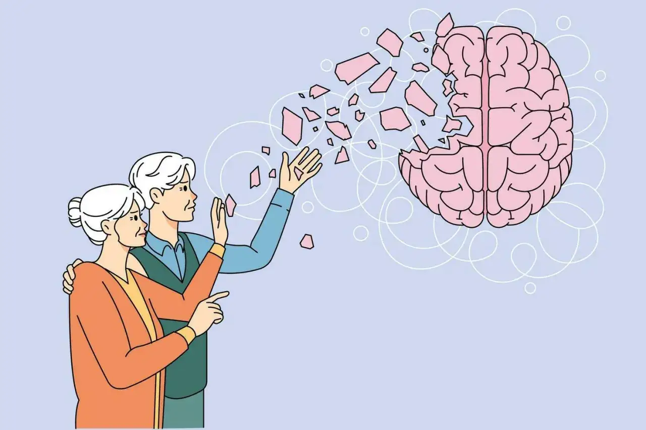 Pareja mayor observa con preocupación cómo un cerebro se desmorona, simbolizando el deterioro cognitivo y la pérdida de memoria.